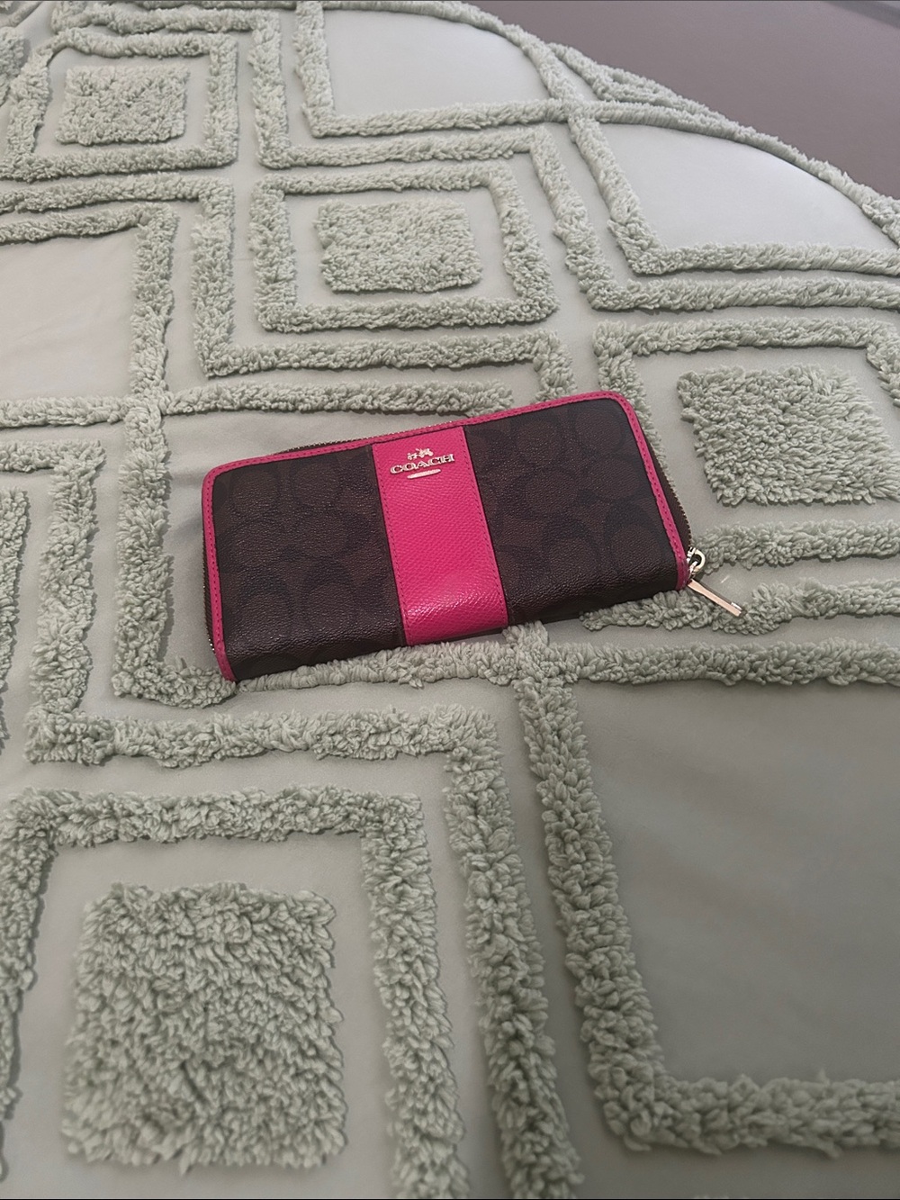 Coach Brown Signature Wallet with Pink Center Stripe